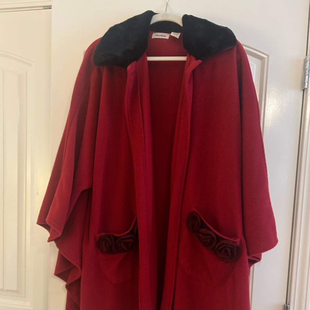 Beautiful Red Wrap with black faux fur collar with sleeves.  Warm and adorable.